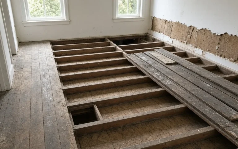 Wood Subfloor Repair: How to Fix Rot and Sagging Floor Joists Old floorboards lifted to expose joists and subfloor