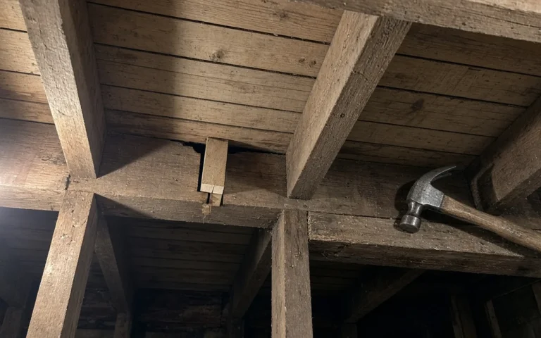 Squeaking Wood Floors: Quick DIY Fixes for a Quiet and Solid Home Wood shim tapped above a joist under a squeaky floor