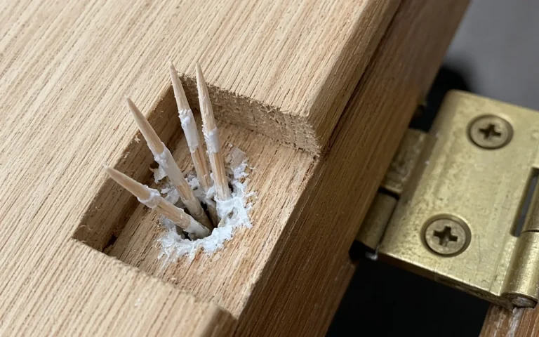 How to Fix a Stripped Screw Hole in Wood Glued toothpicks in a stripped hinge screw hole