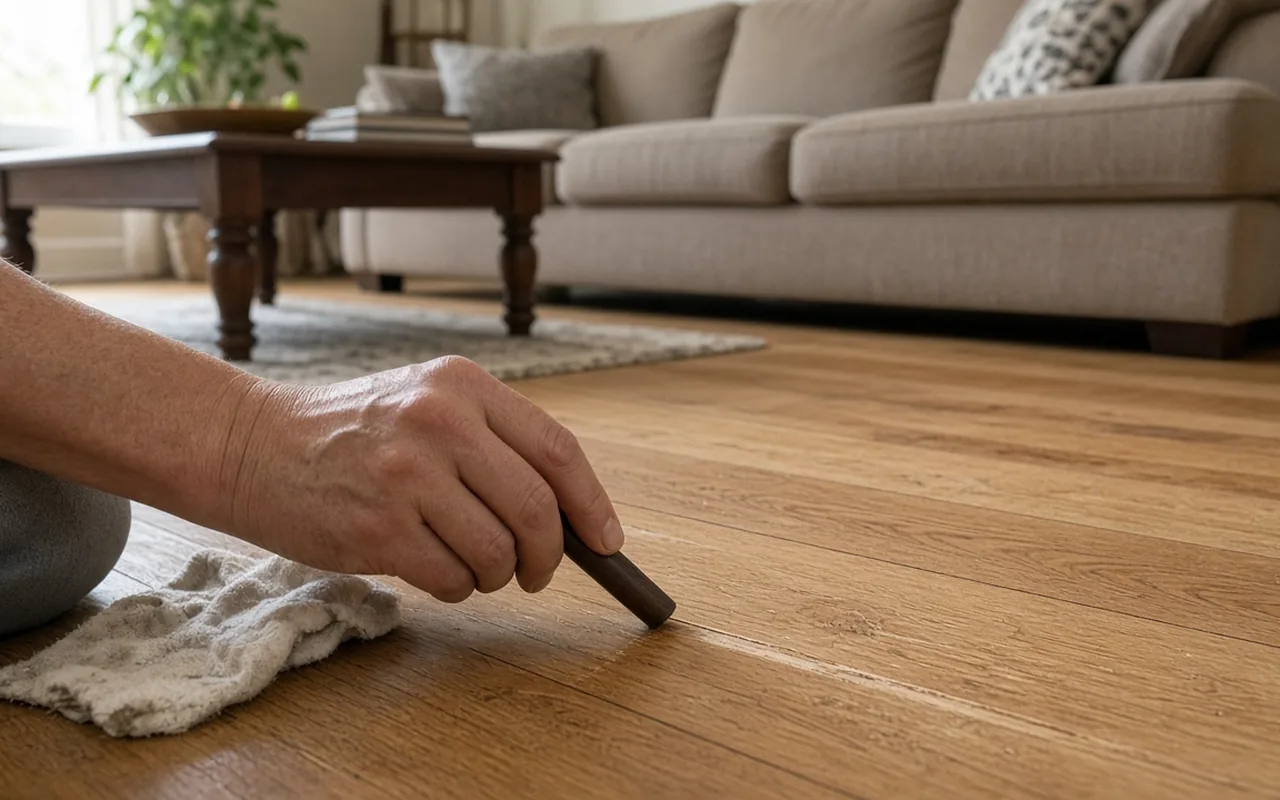 Hand filling a scratch in an oak floor with a wax stick