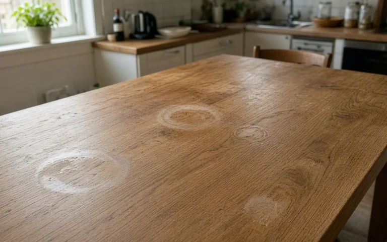 White water rings on an oak kitchen table