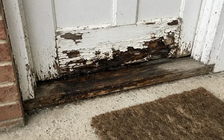 Wood Rot Around Doors: Professional Sealing and Patching Strategies Rotted wooden threshold and flaking paint at the bottom of a front door