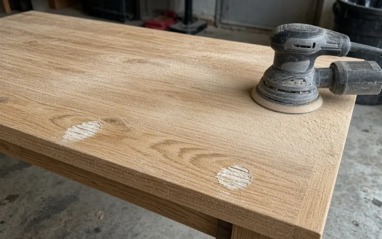 Spots where an orbital sander burned through the veneer on an oak table