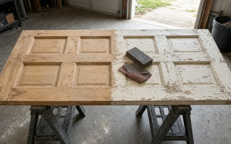 Panel door on sawhorses, half sanded to bare wood and half still painted