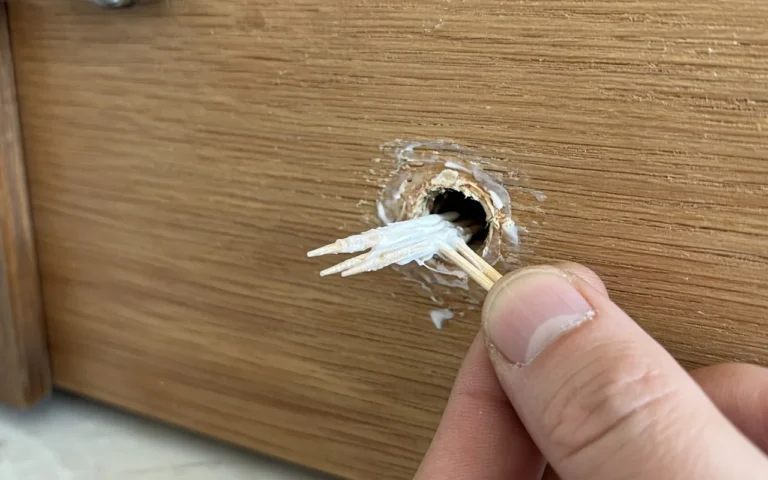 How to Fix a Stripped Screw Hole in Wood (5-Minute Trick) Wooden toothpicks and glue being pushed into a stripped screw hole